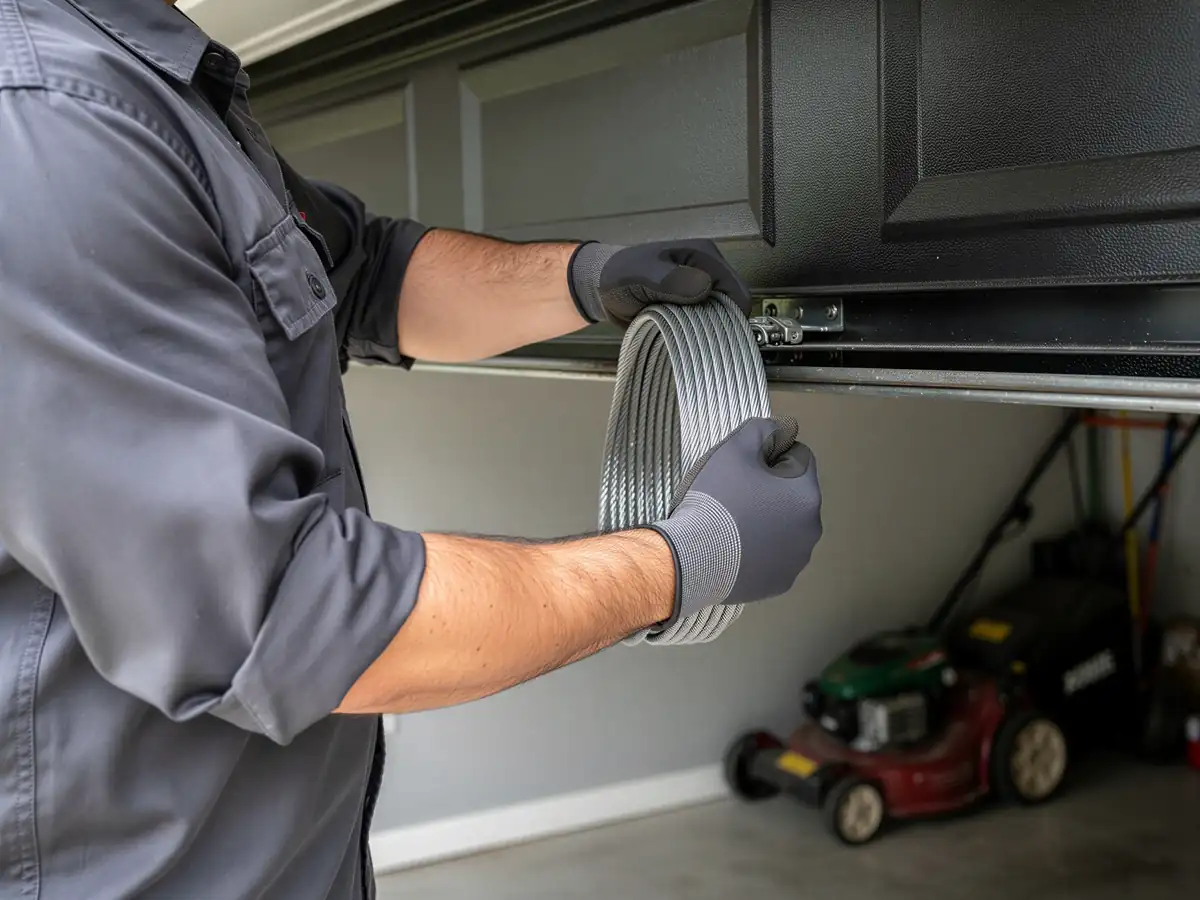 A technician wearing gloves holds a coiled garage door cable.
