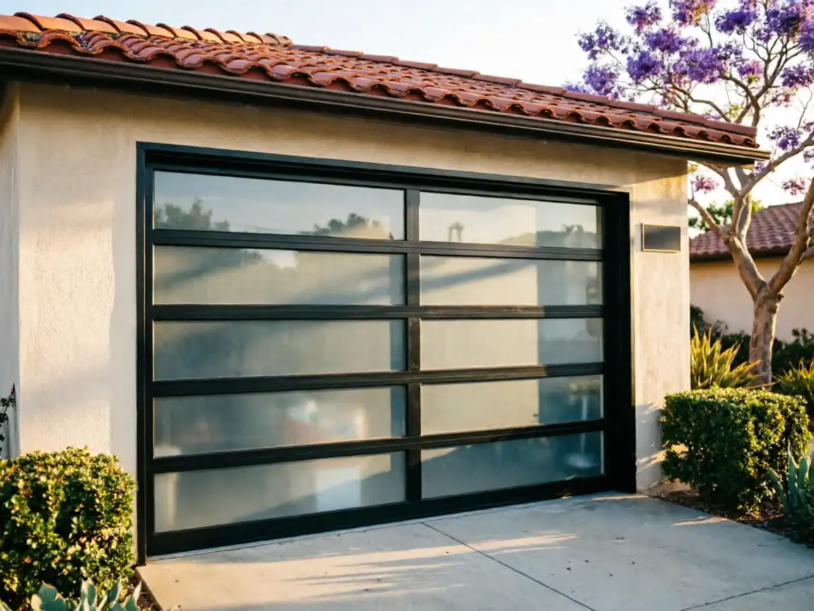 A modern garage door with frosted glass panels on a stucco house.