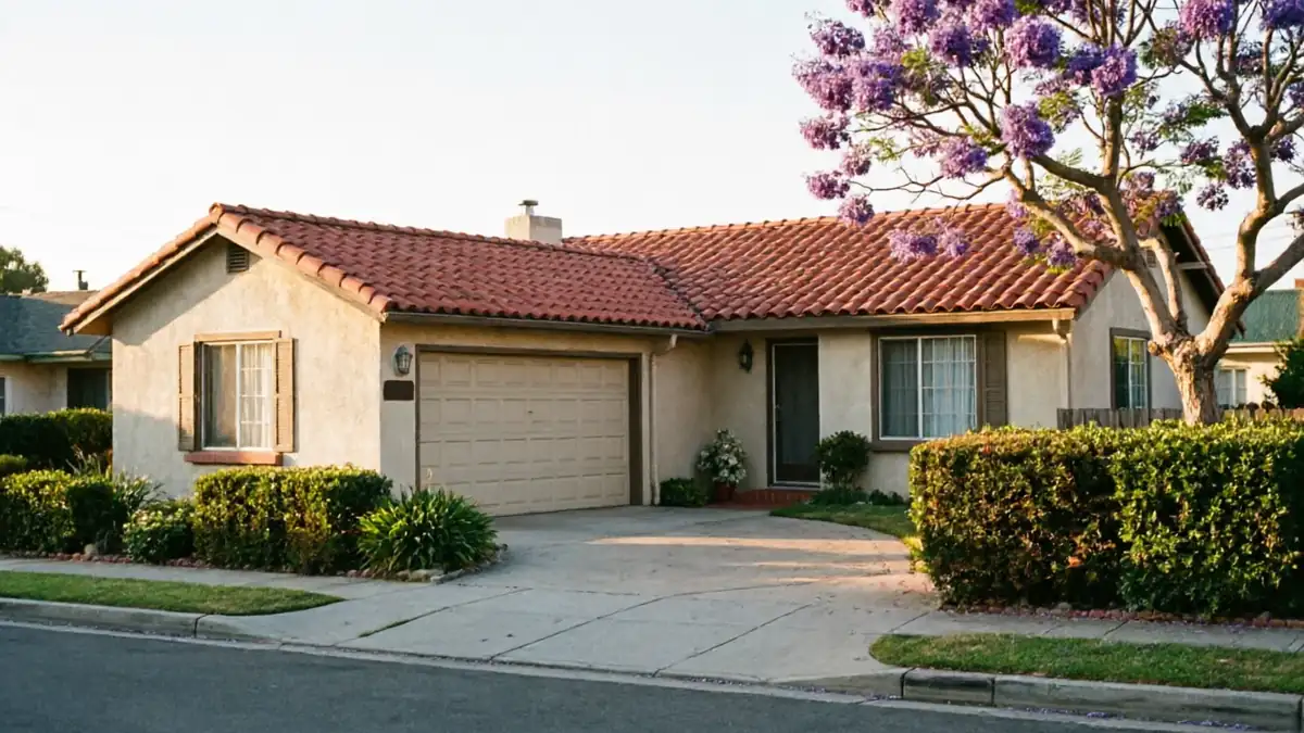 A single-story house with a tan garage door and a red tile roof.