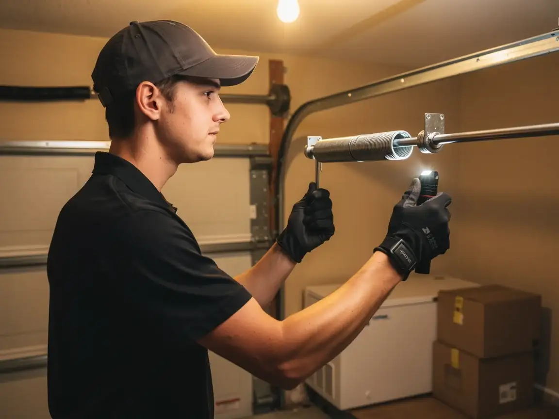 A technician in a gray hat and black gloves inspects a garage door torsion spring.